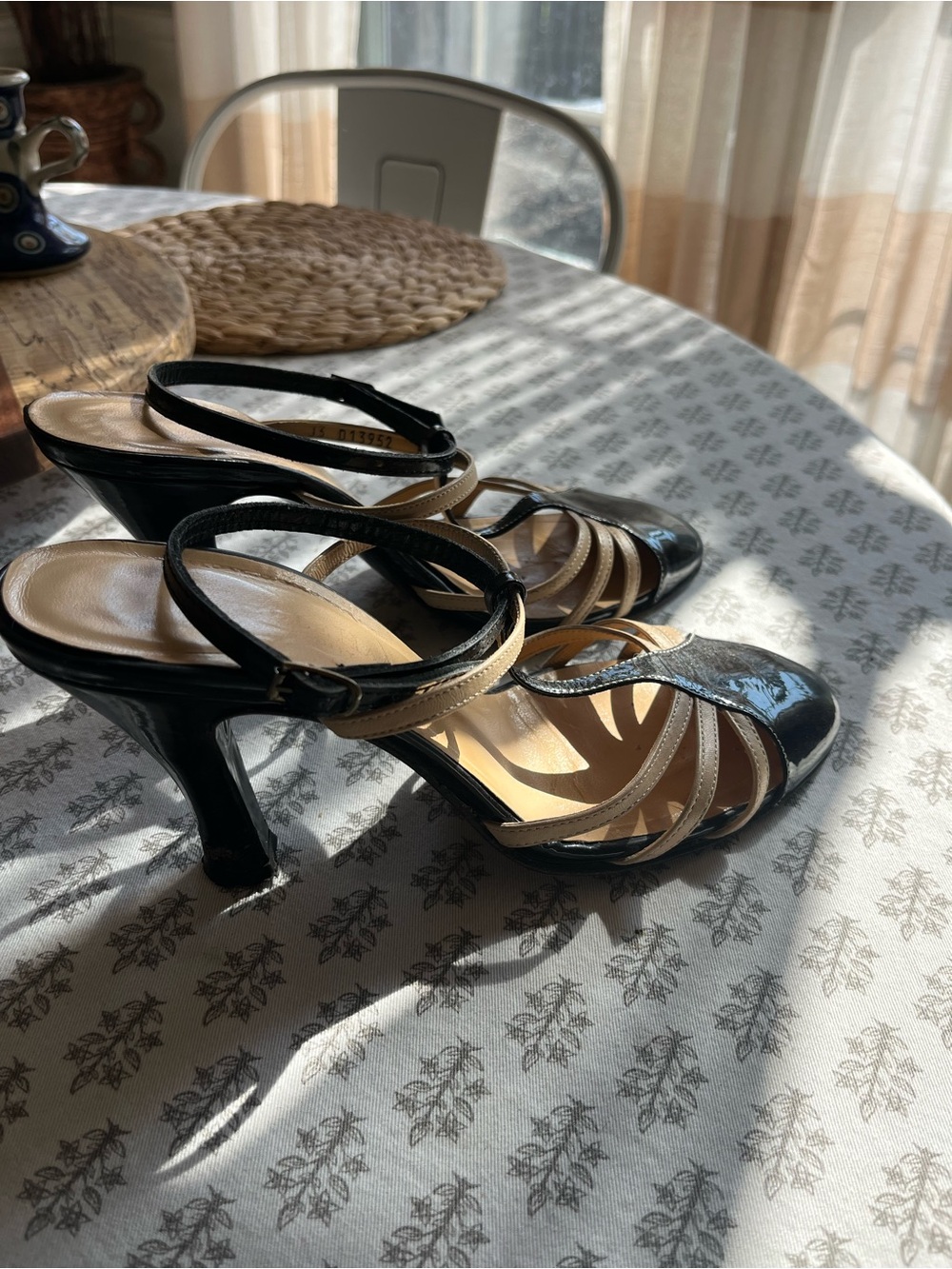 Cole Haan Black and Beige Strappy Slingback Heels